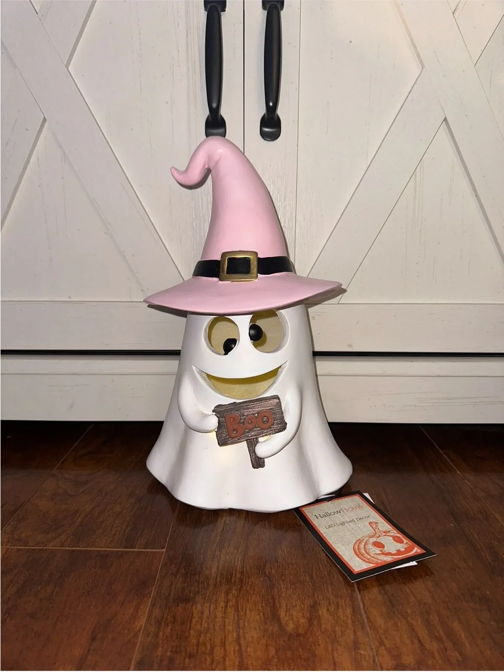 Hallow Home Pink Witch Hat LED Ghost Halloween Figurine with Boo Sign